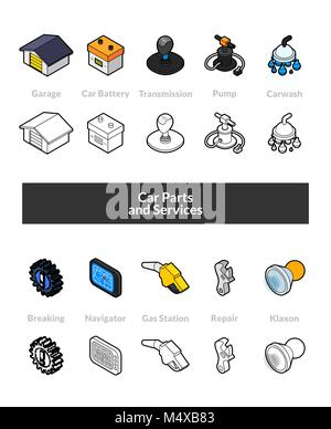 Set of isometric icons in otline style, colored and black versions Stock Vector