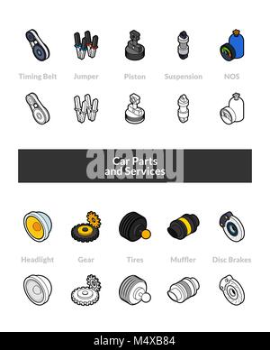 Set of isometric icons in otline style, colored and black versions Stock Vector
