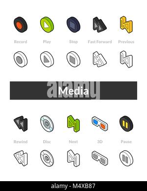 Set of isometric icons in otline style, colored and black versions Stock Vector