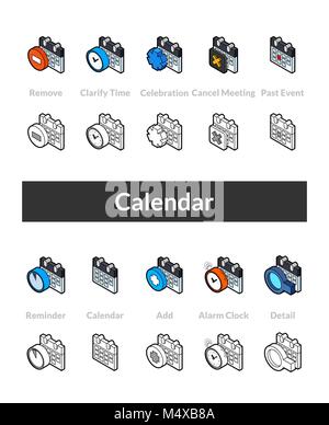 Set of isometric icons in otline style, colored and black versions Stock Vector
