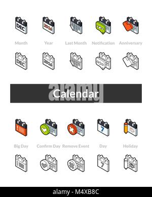 Set of isometric icons in otline style, colored and black versions Stock Vector