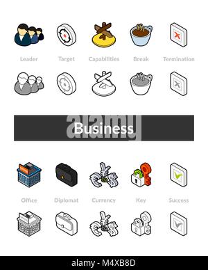 Set of isometric icons in otline style, colored and black versions Stock Vector