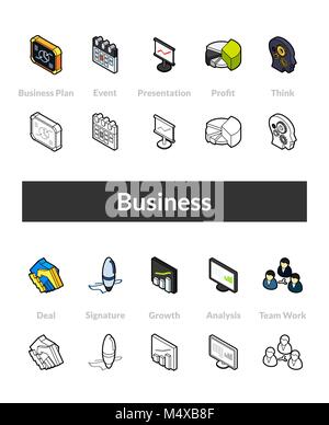 Set of isometric icons in otline style, colored and black versions Stock Vector