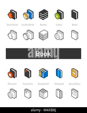 Set of isometric icons in otline style, colored and black versions Stock Vector