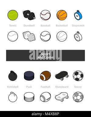 Set of isometric icons in otline style, colored and black versions Stock Vector