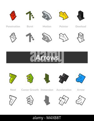 Set of isometric icons in otline style, colored and black versions Stock Vector