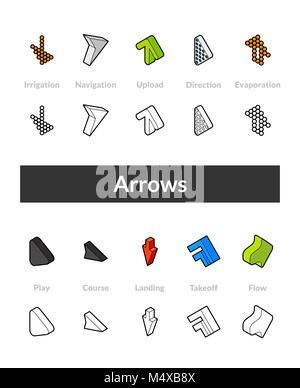 Set of isometric icons in otline style, colored and black versions Stock Vector