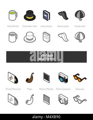 Set of isometric icons in otline style, colored and black versions Stock Vector