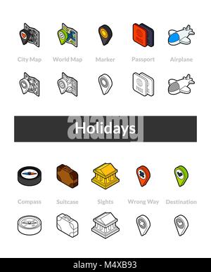 Set of isometric icons in otline style, colored and black versions Stock Vector