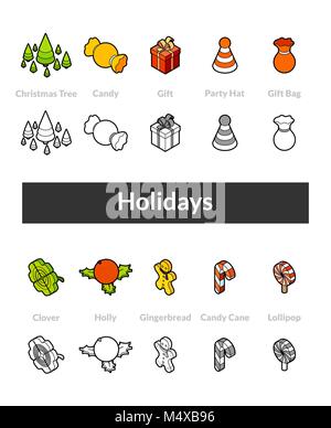 Set of isometric icons in otline style, colored and black versions Stock Vector