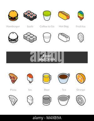 Set of isometric icons in otline style, colored and black versions Stock Vector