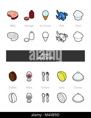 Set of isometric icons in otline style, colored and black versions Stock Vector