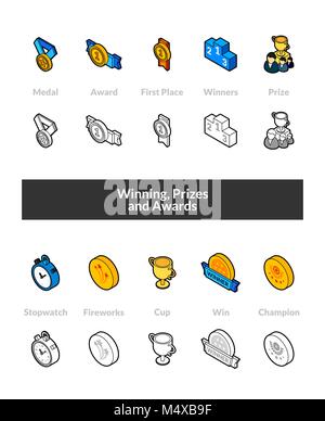 Set of isometric icons in otline style, colored and black versions Stock Vector