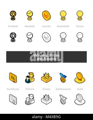 Set of isometric icons in otline style, colored and black versions Stock Vector