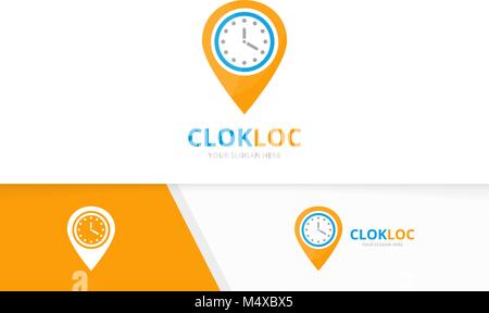 Vector clock and map pointer logo combination. Time and gps locator symbol or icon. Unique express and pin logotype design template. Stock Vector