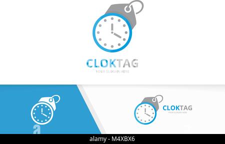 Vector clock and tag logo combination. Time and shop symbol or icon. Unique express and label logotype design template. Stock Vector