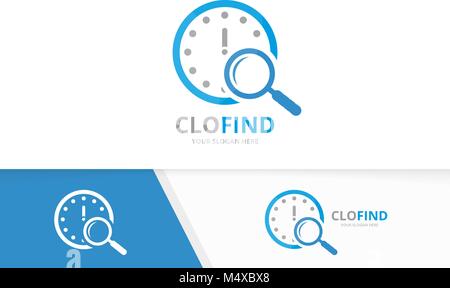 Vector clock and loupe logo combination. Time and magnifying symbol or icon. Unique express and search logotype design template. Stock Vector