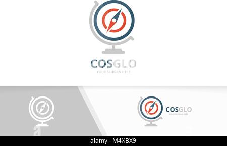 Vector compass and globe logo combination. Navigation planet symbol or icon. Unique travel logotype design template. Stock Vector