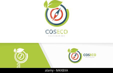 Vector compass and leaf logo combination. Navigation and eco symbol or icon. Unique travel and organic logotype design template. Stock Vector