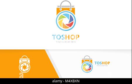 Vector camera shutter and shop logo combination. Lens and sale symbol or icon. Unique photo and bag logotype design template. Stock Vector