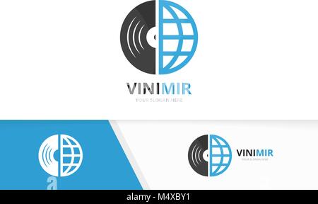 Vector vinyl and planet logo combination. Record and world symbol or icon. Unique music album and globe logotype design template. Stock Vector