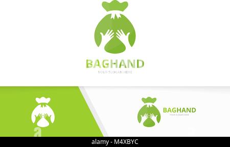 Vector bag and hands logo combination. Sack and embrace symbol or icon. Unique money and team, friendship logotype design template. Stock Vector