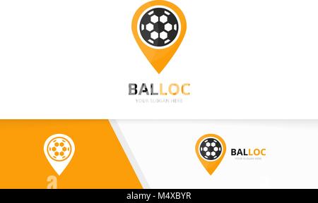 Vector soccer and map pointer logo combination. Ball and gps locator symbol or icon. Unique football and pin logotype design template. Stock Vector