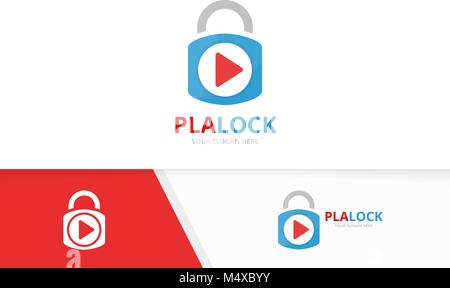 Vector button play and lock logo combination. Record and safe symbol or icon. Unique help and padlock logotype design template. Stock Vector