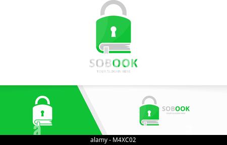 Vector book and lock logo combination. Safe and market symbol or icon. Unique bookstore, library and padlock logotype design template. Stock Vector