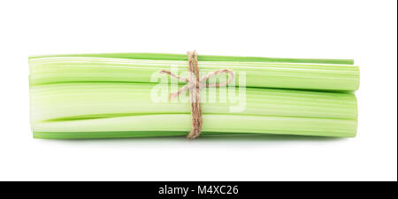 celery sticks, isolated on white background. Clipping path. Bunch of fresh celery stalks tied of twine Stock Photo