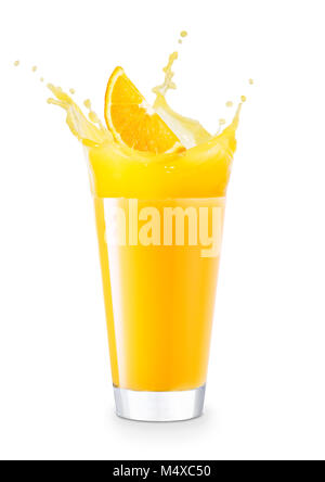 orange slice falling into juice creating splashes. Isolated on white background. Glass of splashing orange juice Stock Photo