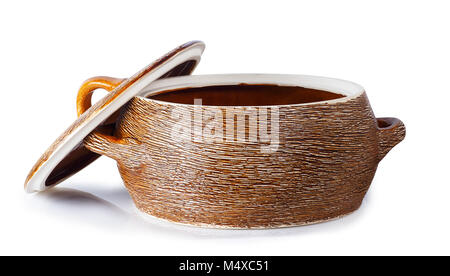 clay saucepan with open cover isolated on white background. Clipping path. Ceramic kitchenware. Earthenware pot Stock Photo