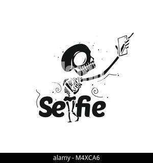 Skeleton taking selfie on smart phone vector illustration. Stock Vector