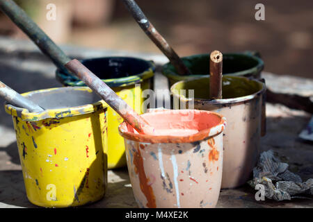 Colour matching for hand block printing for textile in India. Stock Photo