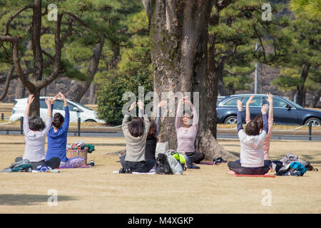 A yoga class taking part at lunchtime in the Kokyogaien National Park, near the Imperial Palace, Tokyo Stock Photo