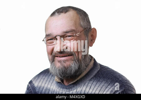Real man with a beard laughs on white background Stock Photo