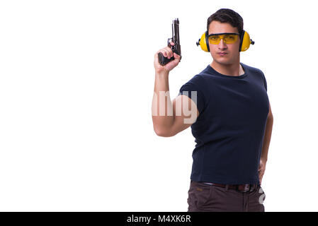 Man doing sport shooting from gun isolated on white Stock Photo