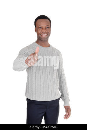 A young African American man in a gray sweater with one hand sign thumps up and smiling, isolated for white background Stock Photo