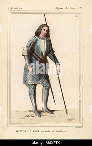 Gaston de Foix, Duke of Nemours, military commander in suit of armour with tonlet (armoured skirt) 1489-1512. Handcoloured lithograph by Leopold Massard after a portrait in Galerie des hommes illustres de Toulouse from Le Bibliophile Jacob aka Paul Lacroix's Costumes Historiques de la France (Historical Costumes of France), Administration de Librairie, Paris, 1852. Stock Photo