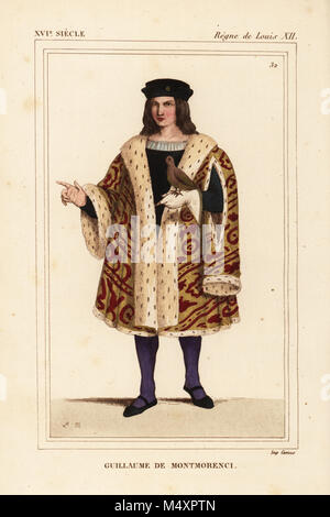 Guillaume de Montmorency, Lord of Chantilly, General des finances du roi, son of Jean II Baron Montmorency, 1453-1531. Handcoloured lithograph by Leopold Massard after a miniature depicting the court of Louis XII in Roger de Gaignieres' portfolio VII 140 from Le Bibliophile Jacob aka Paul Lacroix's Costumes Historiques de la France (Historical Costumes of France), Administration de Librairie, Paris, 1852. Stock Photo