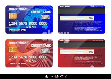 Realistic blue and red bank credit card template isolated. Bank plastic credit card mockup with colorful abstract design and world map for banking. Vector illustration Stock Vector