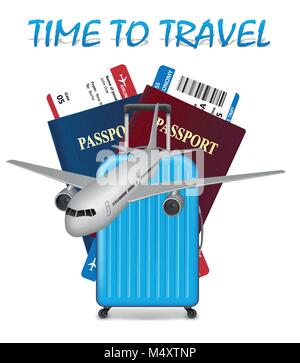 Air travel international vacation concept. Business travel banner with airline tickets, realistic airplane and suitcase isolated on white background. Vector illustration Stock Vector