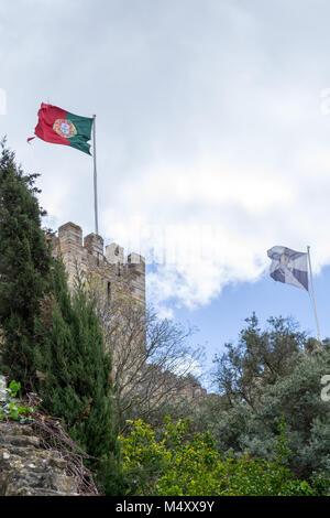 Portuguese flag at Castelo de Sao Jorge (Portugal) Stock Photo
