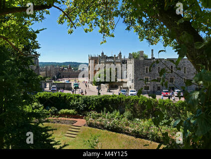 Summer view of Windsor Castle - Lower Ward, St Georges Chapel & Albert Memorial Chapel - from Moat Garden Stock Photo