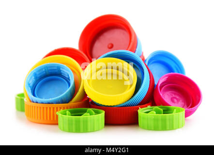 Composition with plastic bottles caps. Stock Photo