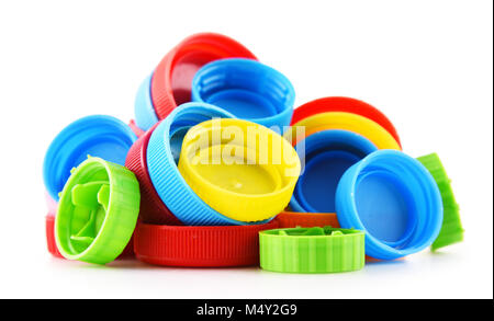 Composition with plastic bottles caps. Stock Photo