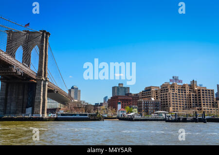 Entrance to Brooklyn, New York with the Brooklyn Bridge, Lighthouse, and Jehovah Witness Watchtower building. Stock Photo