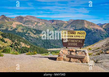 Loveland Pass is a high mountain pass in the western USA, at an elevation of 11,990 feet above sea level in the Rocky Mountains of Colorado. Stock Photo