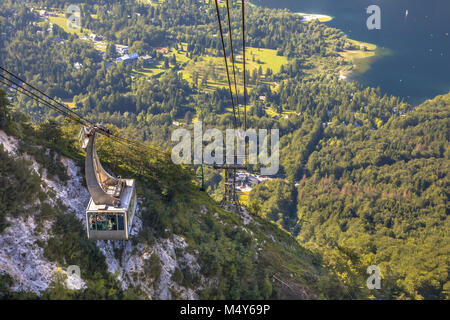 Gondola ski lift in summer taking hikers into the mountains of Vogel area in Triglav National Park near Bled, Slovenia Stock Photo