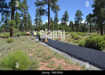Smoothing of the asphalt continues.  Between August 10 to September 10, 2016 the Greenway Trail between the IMAX Theater parking area in Tusayan and Center Road in Grand Canyon National Park will be closed while Grand Canyon's trail crew installs asphalt. The portion of the trail north of Center Road will not be affected.  While the trail closure is in effect, cyclists and hikers may ride the Tusayan shuttle (Purple Route) which is equipped with bicycle carrier racks. The shuttle connects Tusayan with the South Rim Visitor Center, a 20 minute ride each way.  The intent of this project is to co Stock Photo